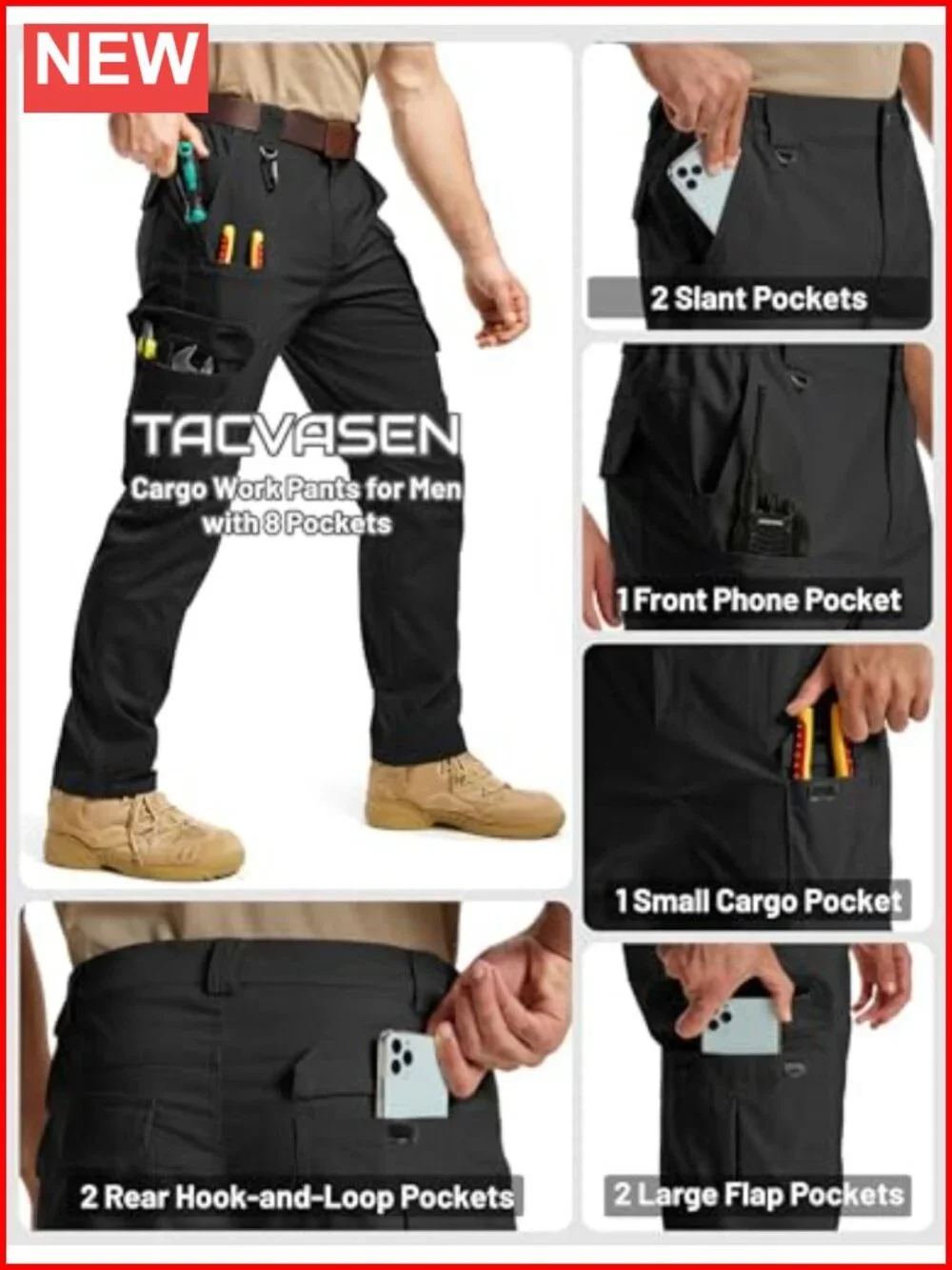 Water Resistant Ripstop Cargo Work Pants with 8 Pockets